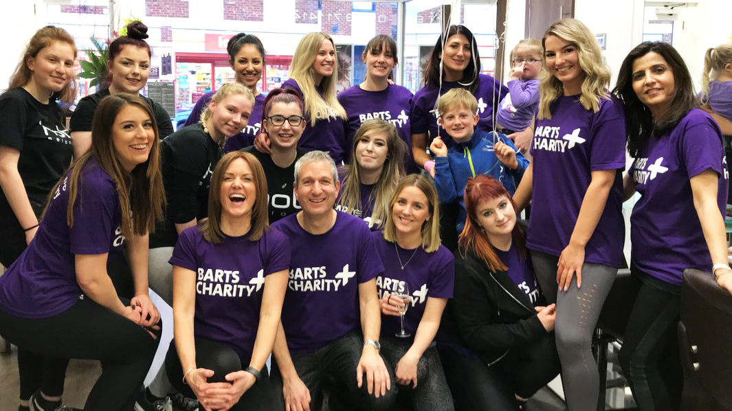 david-and-hob-salons Large group of workers wearing Barts Charity t-shirts