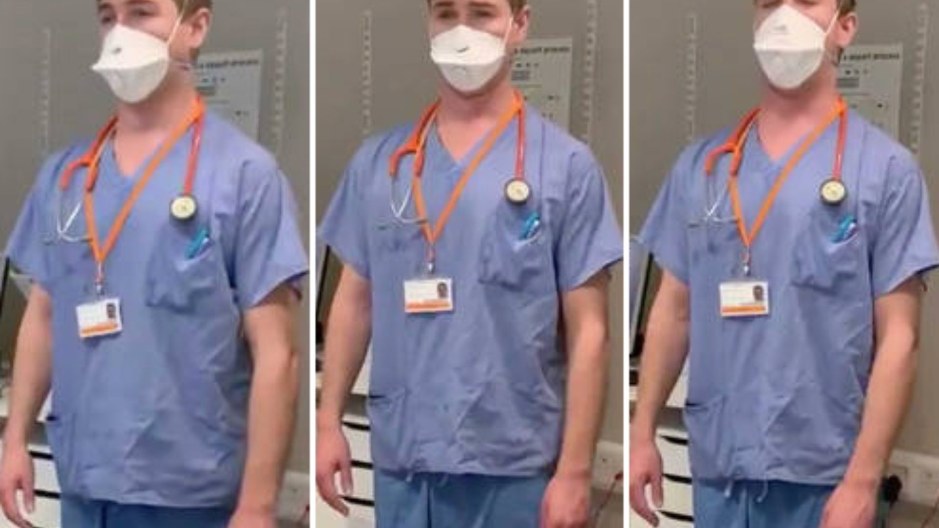 Man in blue scrubs, wearing a PPE mask, stills from his viral opera singing video