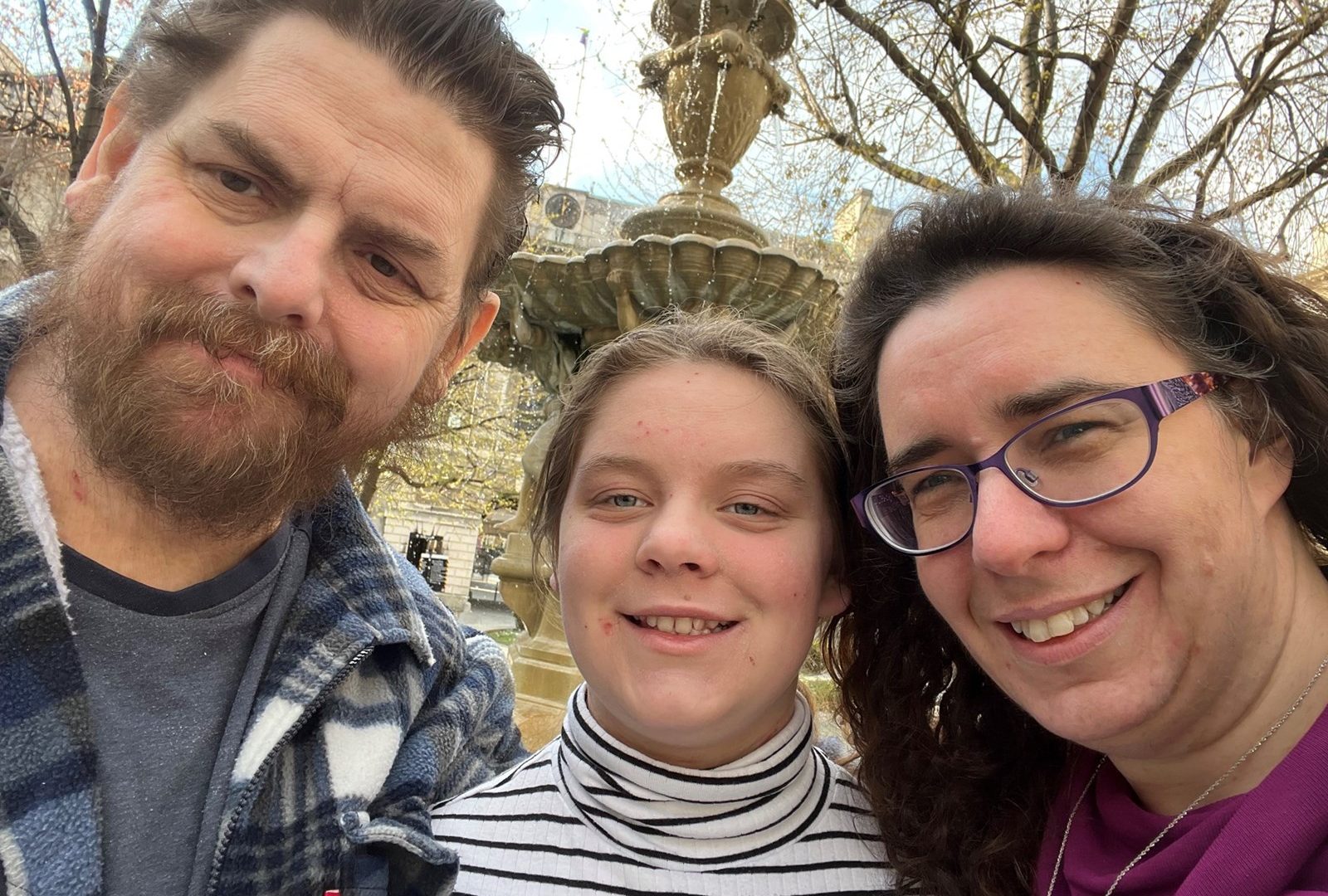 Janet, Ruby and Karl pictured together in St Bartholomew's Square