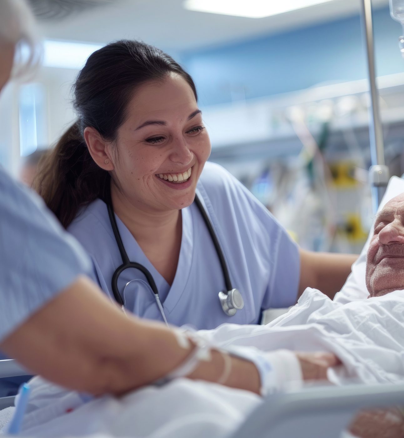 Smiling nurse checking senior patient who is recovering at hospital