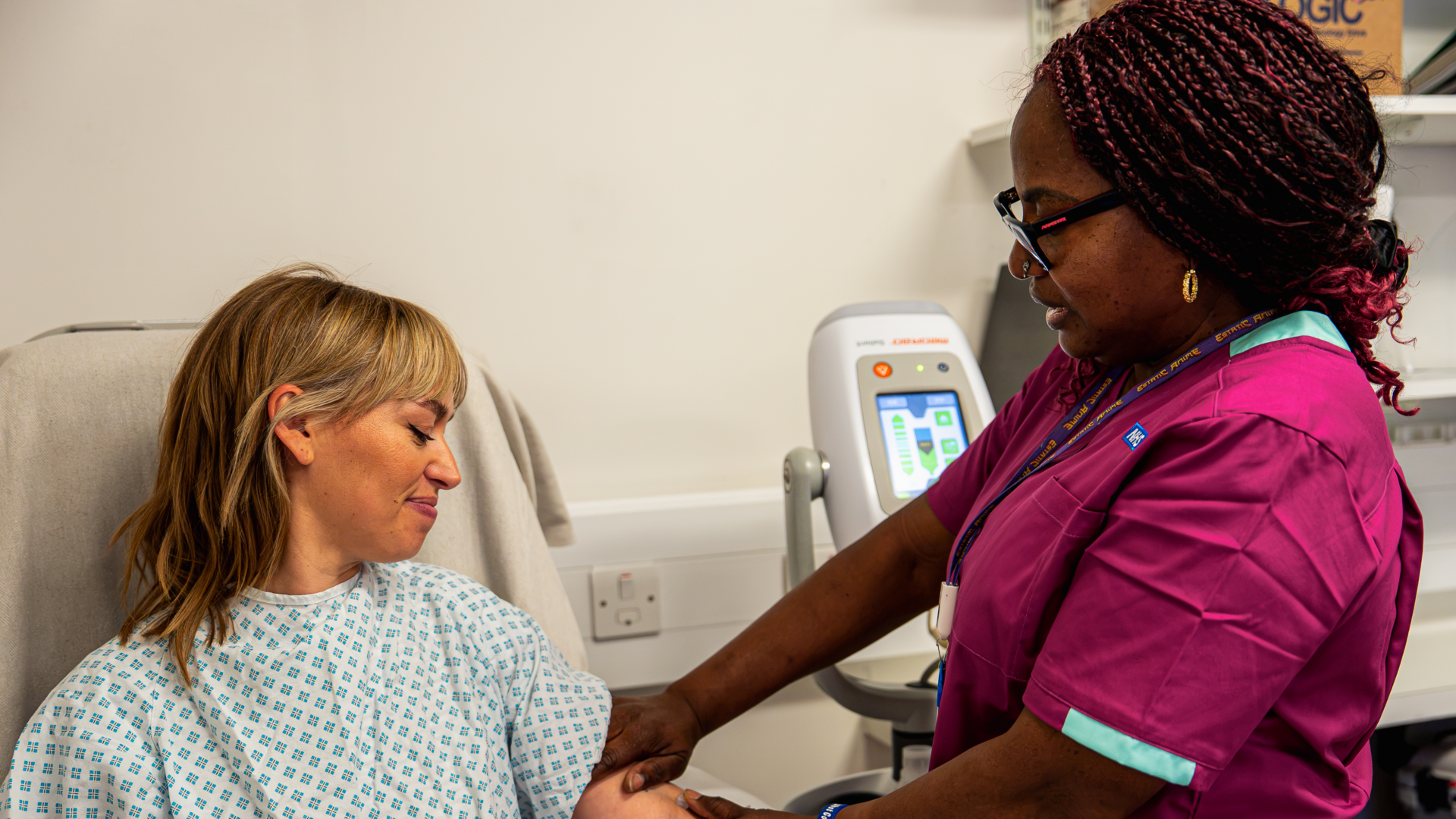 A patient getting ready for a mammogram at St Bartholomew's Hospital